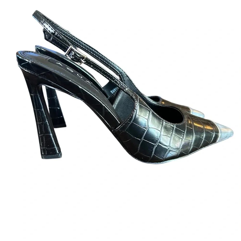 AQUA Bevv Leather Croc Embossed Slingback Pointed Toe Pumps in Black NEW 8